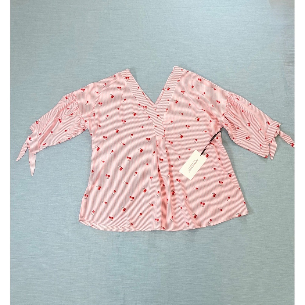 Coverstitched Womens Red White Striped Cherry Print V-Neck Tie Sleeve Blouse NEW